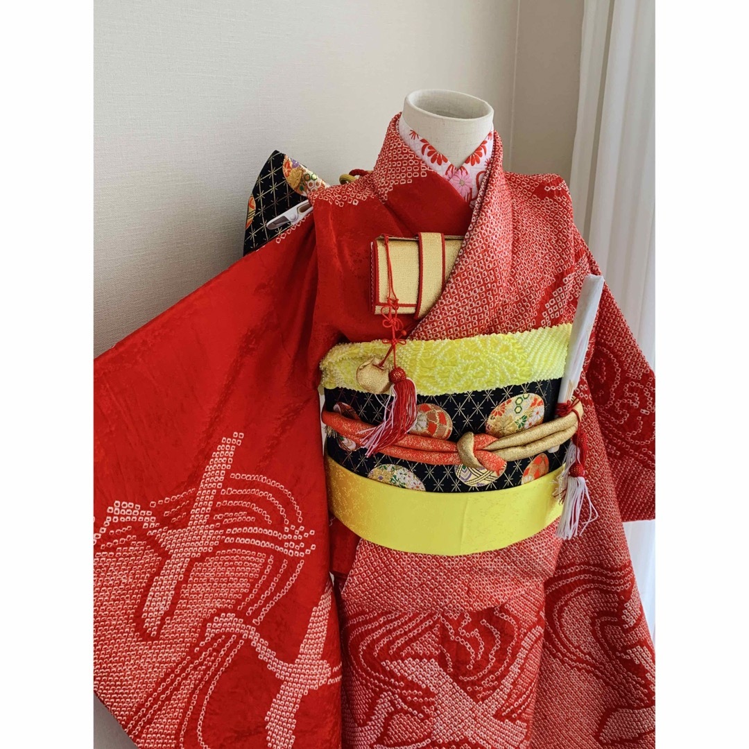七五三に☆正絹赤色総絞りに飛鶴の着物セット ７歳 四つ身 和服/着物