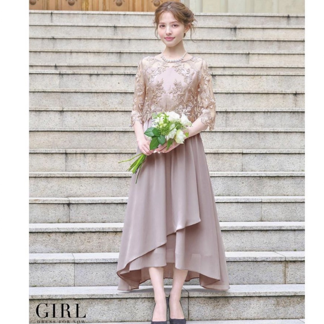 GIRL - GIRL 花柄レース切替ミモレ丈フレア結婚式パーティードレスの