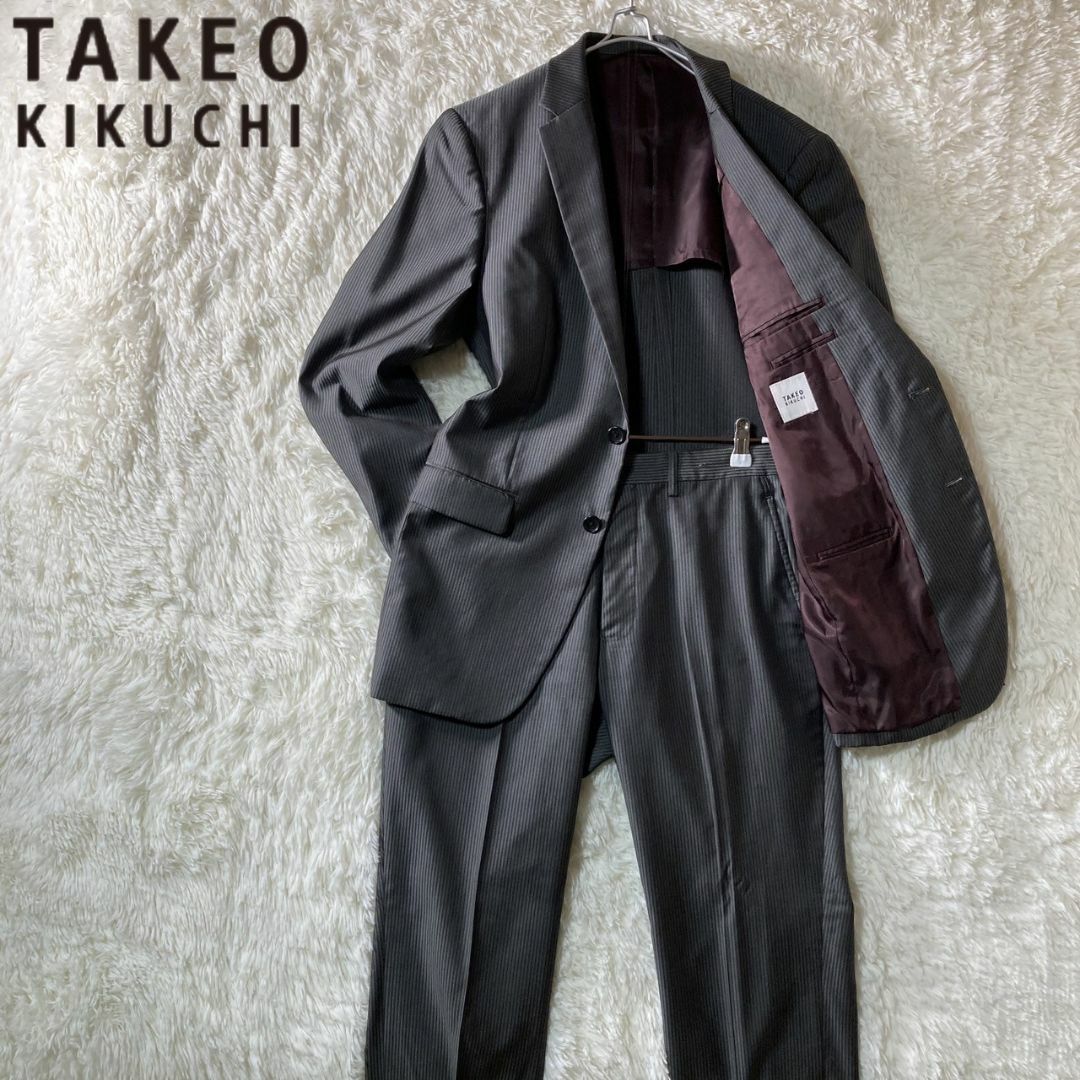 TAKEO KIKUCHI(タケオキクチ)の美品 タケオキクチ セットアップ スーツ シルバーグレイ 4 XL ストライプ メンズのスーツ(セットアップ)の商品写真