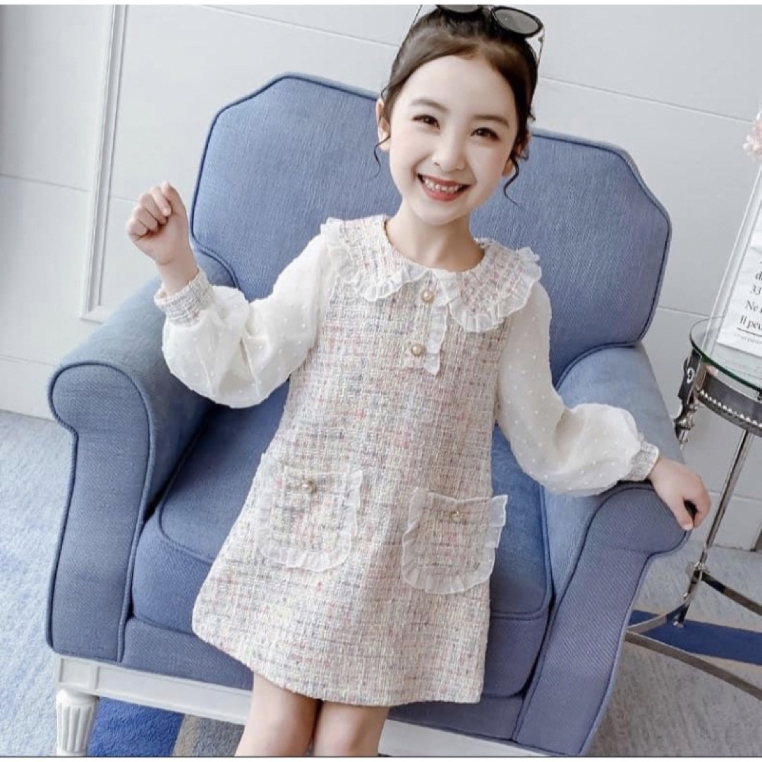 ♡ ツイード風 ワンピース ♡ 120 新品 白 フォーマル キッズ 女の子 キッズ/ベビー/マタニティのキッズ服女の子用(90cm~)(ワンピース)の商品写真