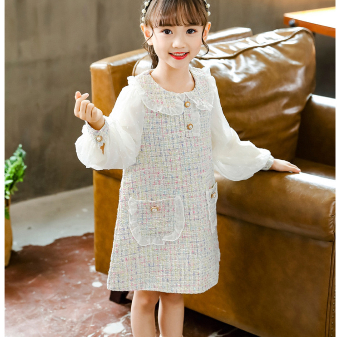 ♡ ツイード風 ワンピース ♡ 120 新品 白 フォーマル キッズ 女の子 キッズ/ベビー/マタニティのキッズ服女の子用(90cm~)(ワンピース)の商品写真