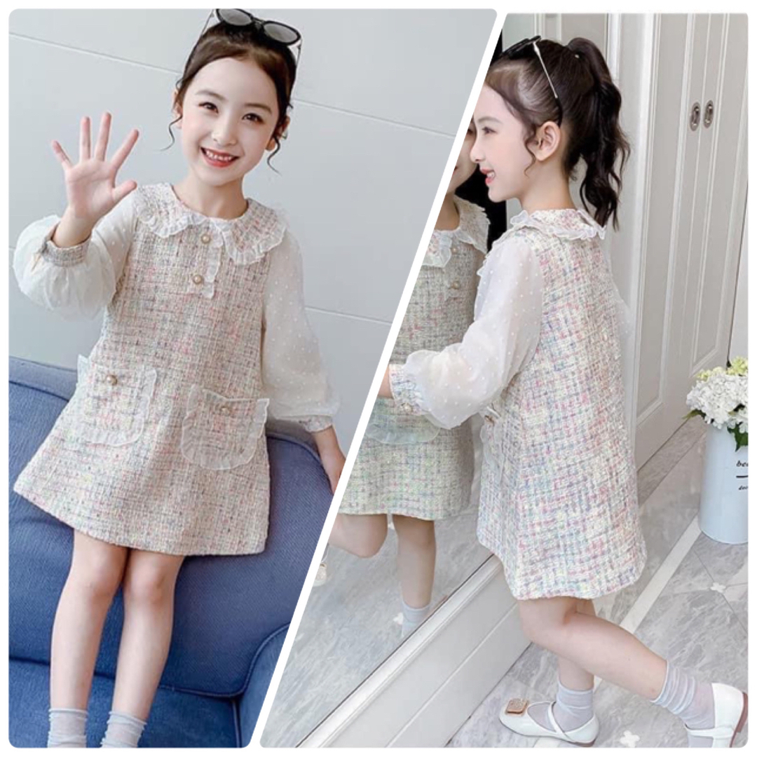 ♡ ツイード風 ワンピース ♡ 120 新品 白 フォーマル キッズ 女の子 キッズ/ベビー/マタニティのキッズ服女の子用(90cm~)(ワンピース)の商品写真