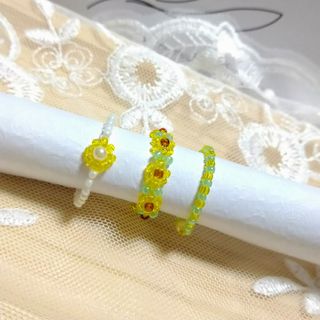 ひまわりイエローring ハンドメイド 3点set ビーズリング 髙橋海人(リング)