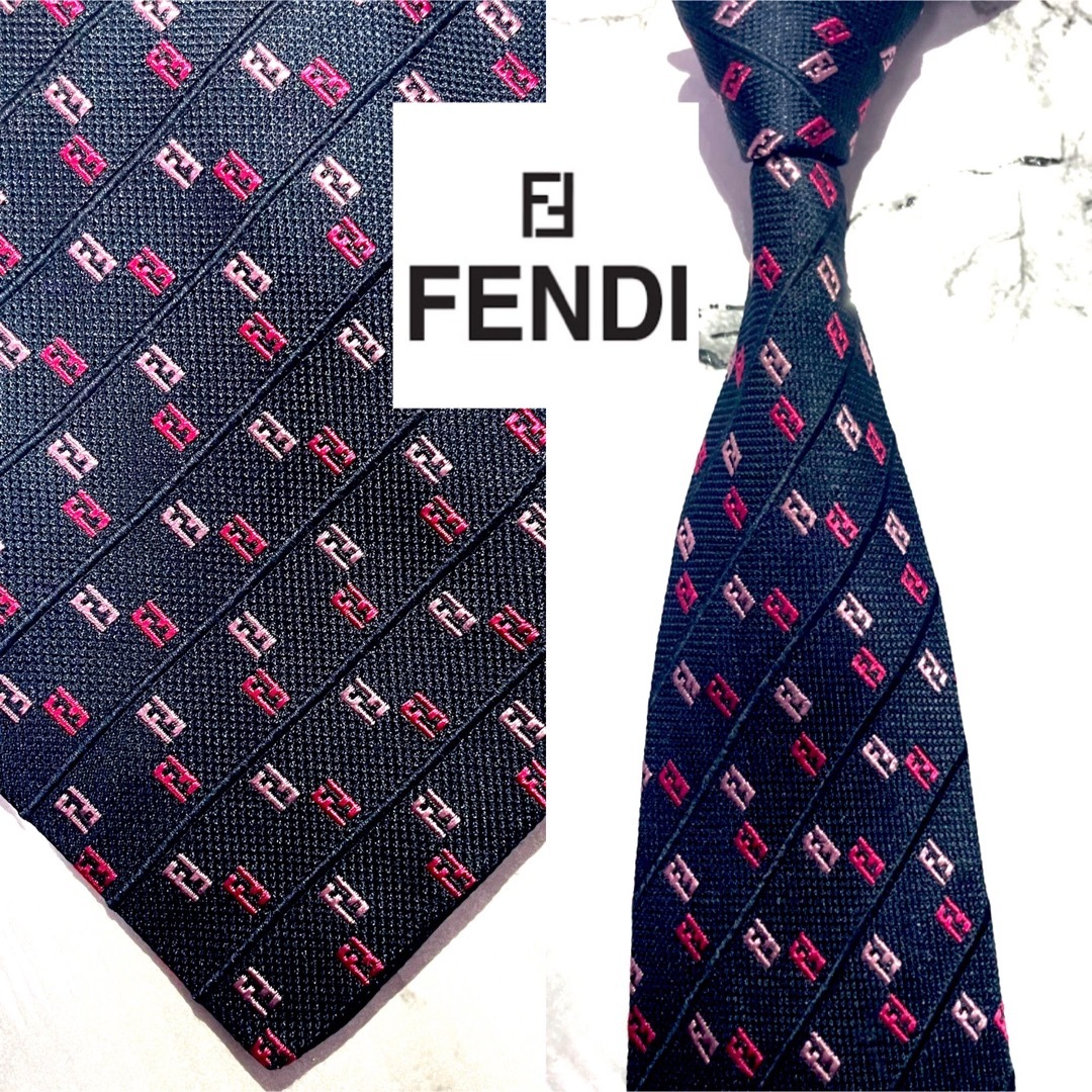 【ジャガード】FENDI 高級ネクタイ　ブルー　FF ズッカ　FF総柄