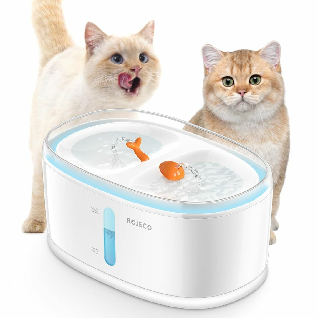 ROJECO猫 水飲み器 2匹用 猫自動給水器 多頭飼い対応 ワイヤレスポンプ