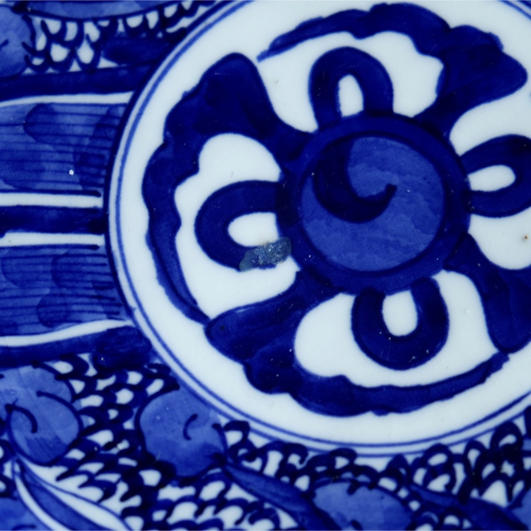 濃いベロ藍で素敵◇伊万里 花と鳳凰。染付微塵子中皿 骨董・antiques