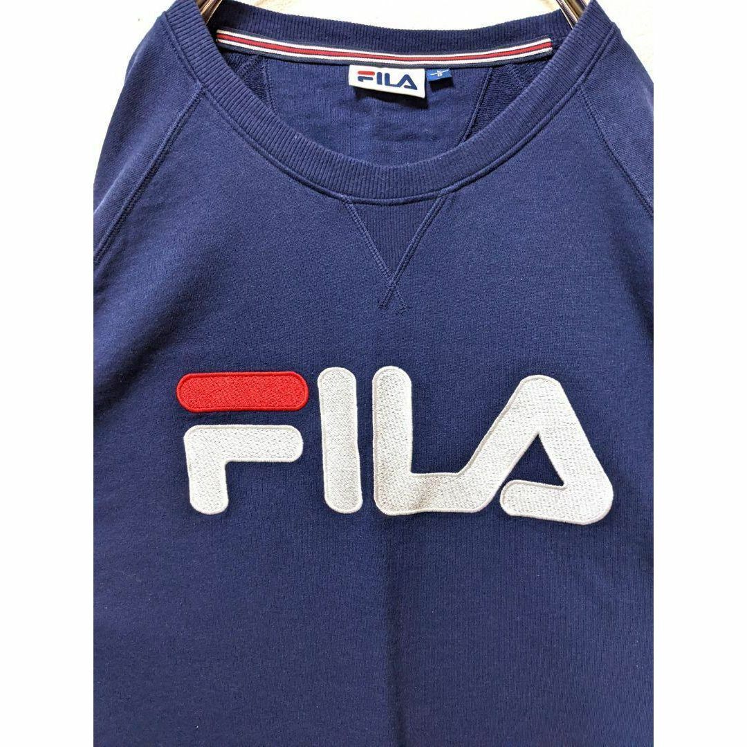 FILA - フィラ FILA ロゴ刺繍 スウェット ネイビー 紺色 L デカロゴ