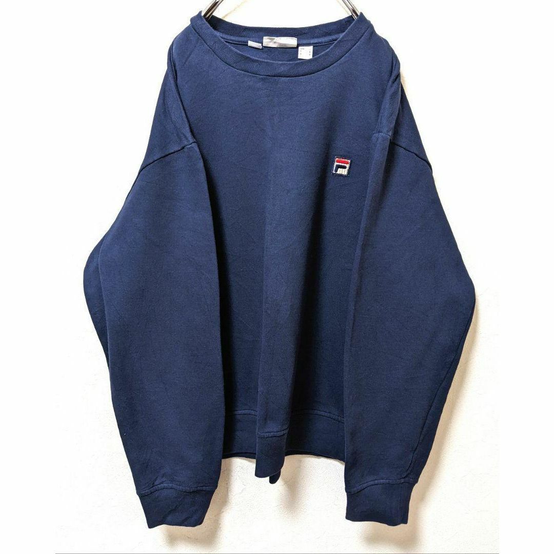 FILA - フィラ FILA ロゴ刺繍 スウェット ネイビー 紺色 L 海外古着の