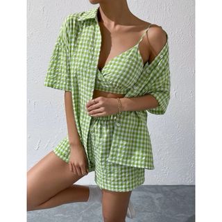 ザラ(ZARA)のギンガムプリント ドロップショルダー ブラウス & キャミトップ＆ショーツ(シャツ/ブラウス(半袖/袖なし))