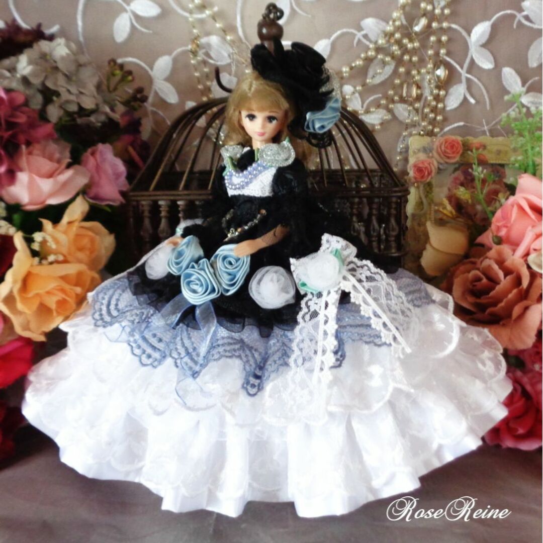 ロマンスミディー ブラック＆ホワイトのフェアリー ゴシックフリルドールドレス ハンドメイドのぬいぐるみ/人形(その他)の商品写真