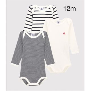 プチバトー(PETIT BATEAU)のプチバトー　マリニエール＆ミラレ長袖ボディ3枚組　12m(肌着/下着)