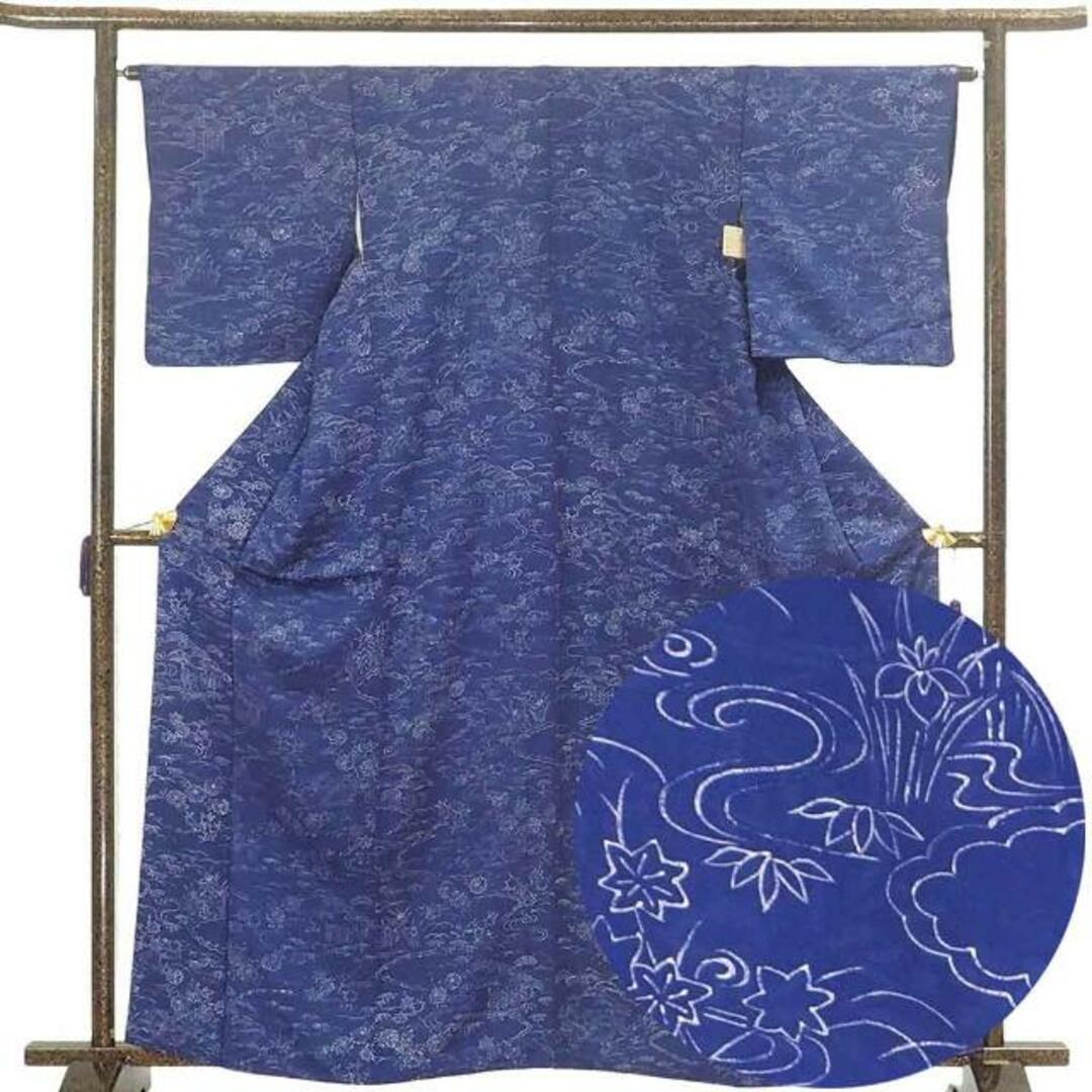 小紋 身丈163cm 裄64cm 前幅24.5cm 後幅30cm 袖丈49cm 正絹(シルク) レディース 袷仕立 秋冬春用 紺地 裄Mサイズ リサイクル リユース