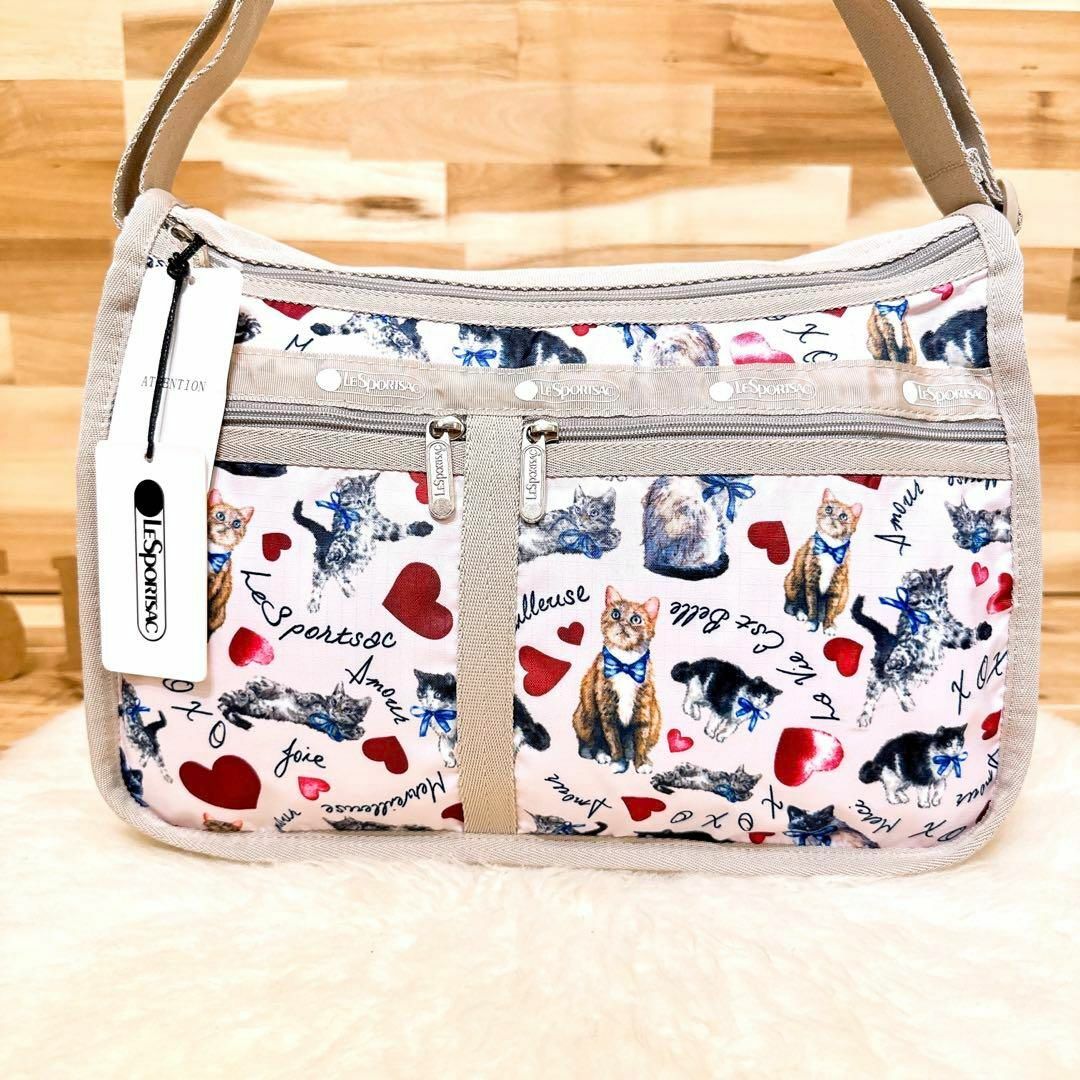未使用【レスポートサック】ネコ 猫 ハート ショルダーバッグ ポーチ付き ピンク レスポートサック、ショルダーバッグポーチ付き