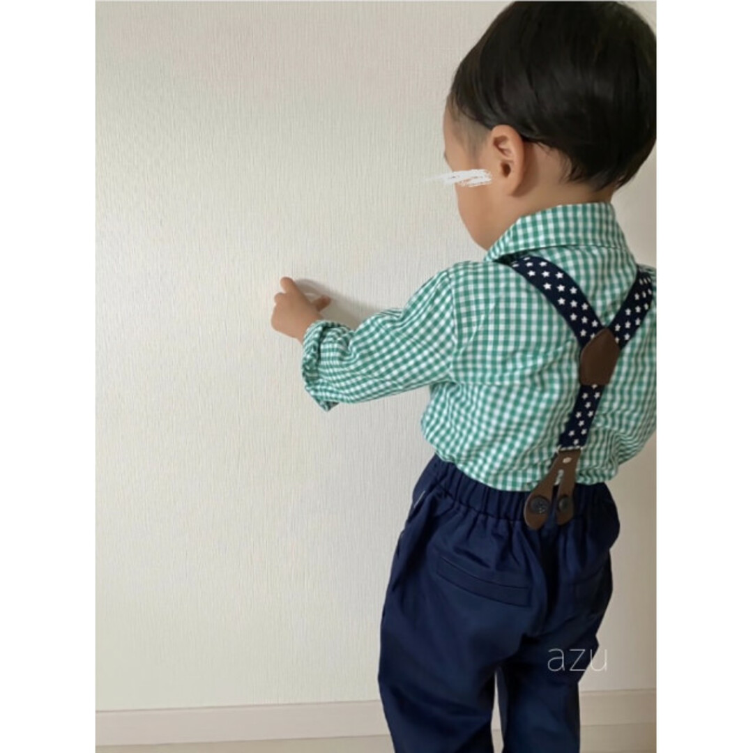 子供服 90 緑 チェックシャツ パンツ 星 サスペンダーセット スター