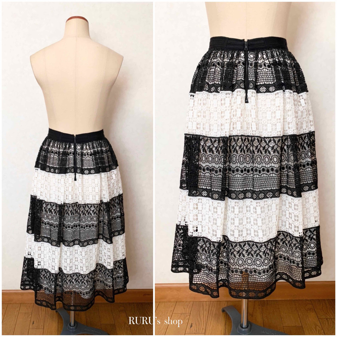 Alice+Olivia(アリスアンドオリビア)の新品 alice+olivia ブラック×ホワイト クロシェレース スカート 黒 レディースのスカート(ロングスカート)の商品写真