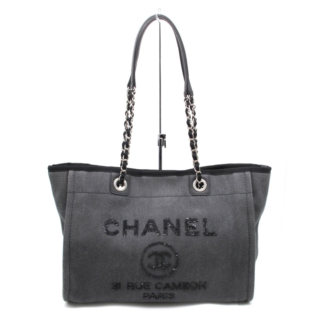 CHANEL (シャネル) ドーヴィルMM A67001 チェーン トートバッグ ショルダーバッグ ココマーク グレー ブラック シルバー キャンバス レザー レディース 美品