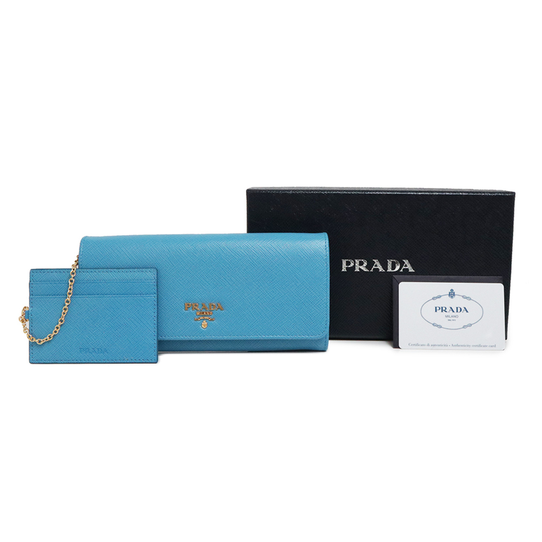 箱付 PRADA プラダ1MH021 3つ折り財布 コンパクトウォレット 青