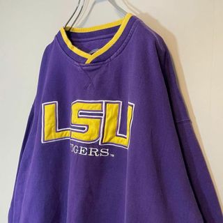 【リンガースウェット、パープル、ビッグ刺繍ロゴ】LSU カレッジロゴ古着90s