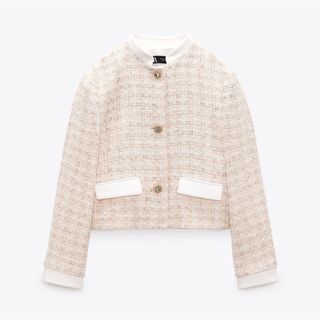 ザラ(ZARA)の新品未使用♡ZARAツイードジャケット(ブレザー)XS 薄ピンク×ホワイト(ノーカラージャケット)