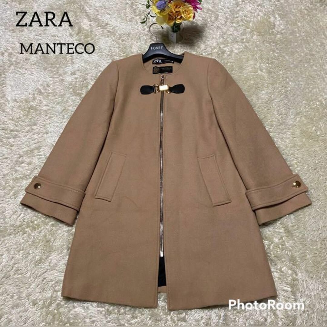 ZARA - ZARA ノーカラーコート MANTECO マンテコ キャメル 金ボタンの