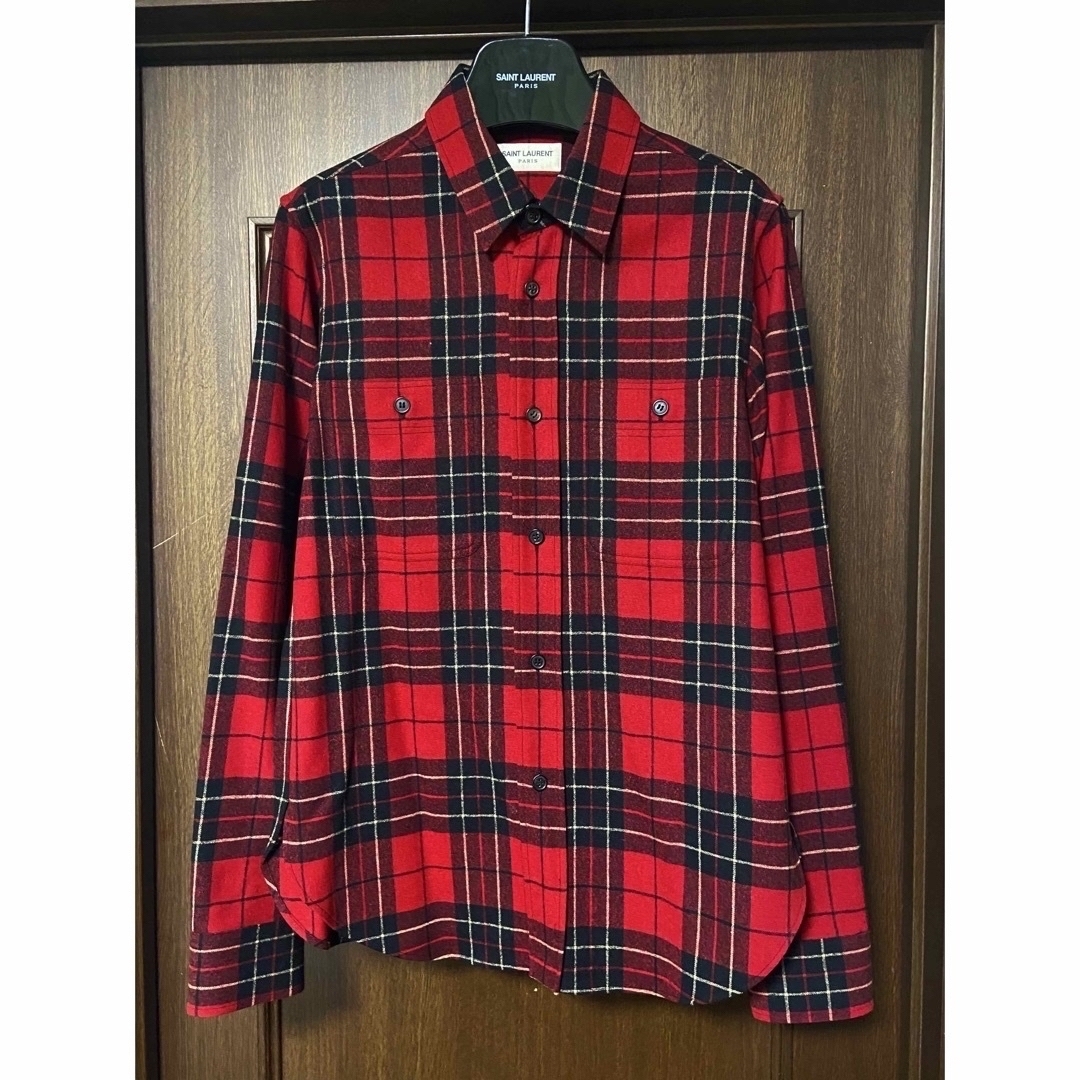 SAINT LAURENT PARIS サンローランパリ 13AW エディ期 チェック柄 ウール 長袖シャツ レッド/グレー 326821 Y610B