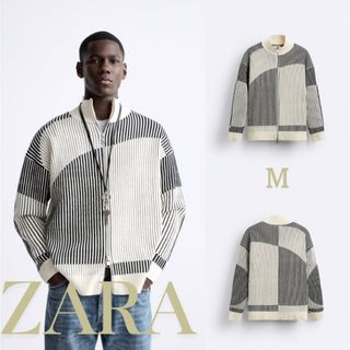 ザラ(ZARA)の【新品タグ付き】ZARA  コントラスト シェニール カーディガン　M(カーディガン)