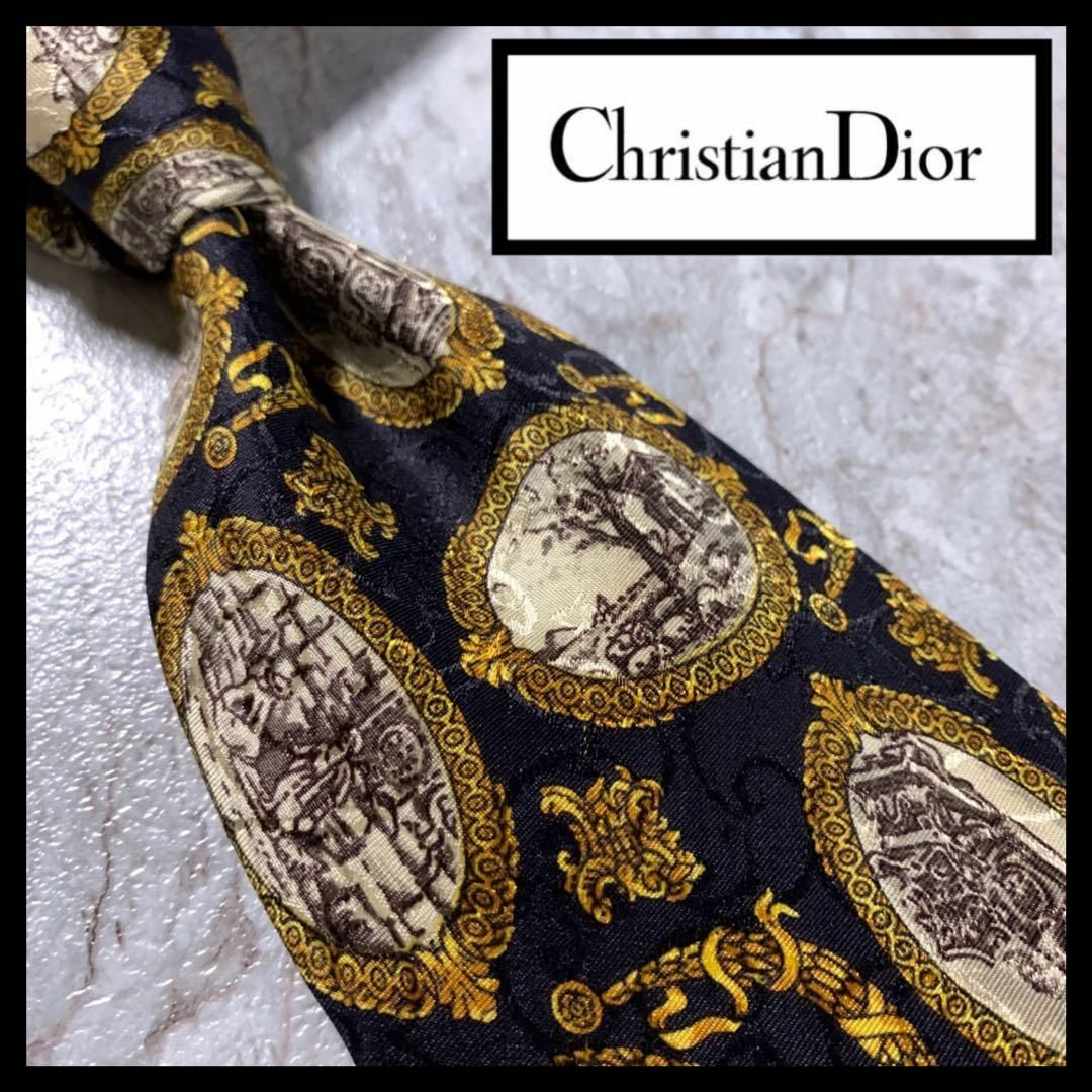 イタリア製 クリスチャンディオール ブランド ネクタイ 総柄 紺ブレ ネイビー金