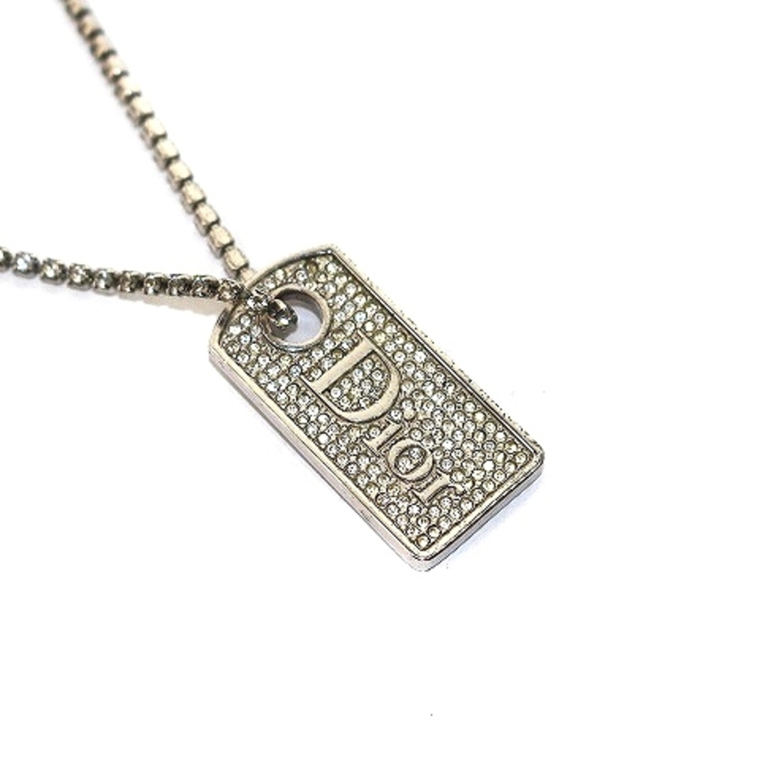 ディオール Dior ネックレス ペンダント プレート ストーン ロゴ シルバー-