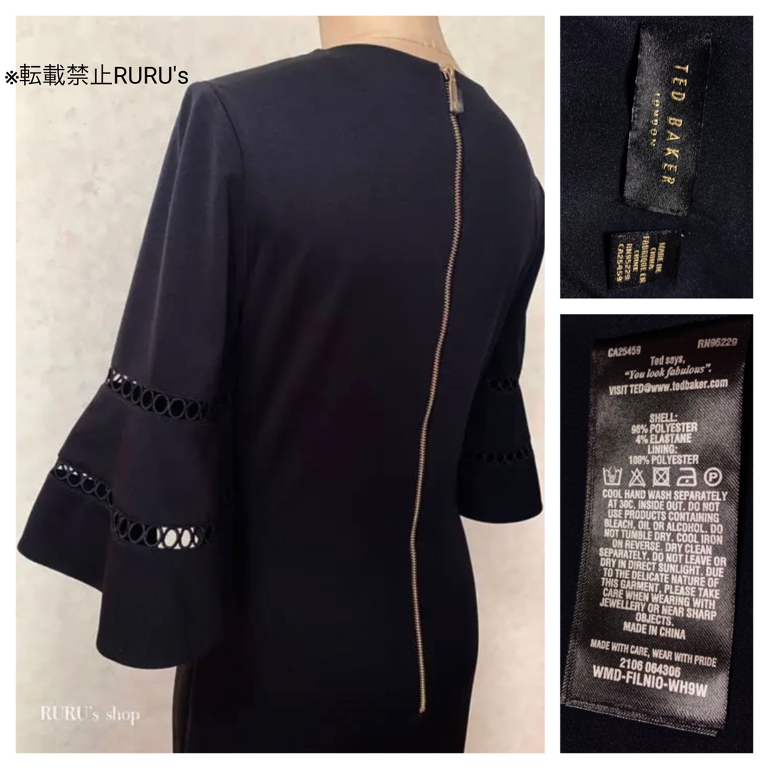 新品 TED BAKER カットアウト刺繍レース×フレアスリーブ ワンピース 黒