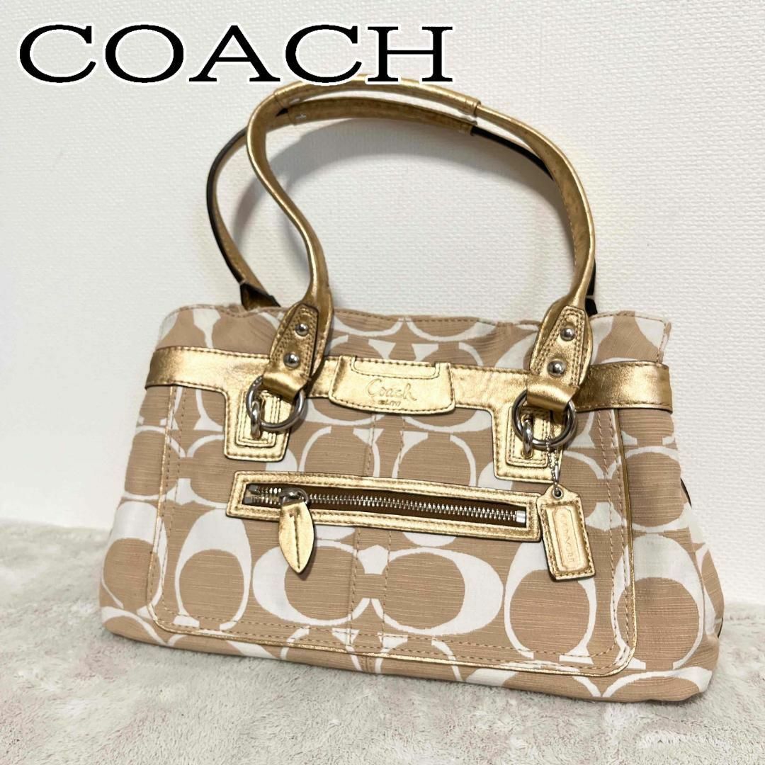 美品✨COACH コーチハンドバッグトートバッグシグネチャーベージュゴールド