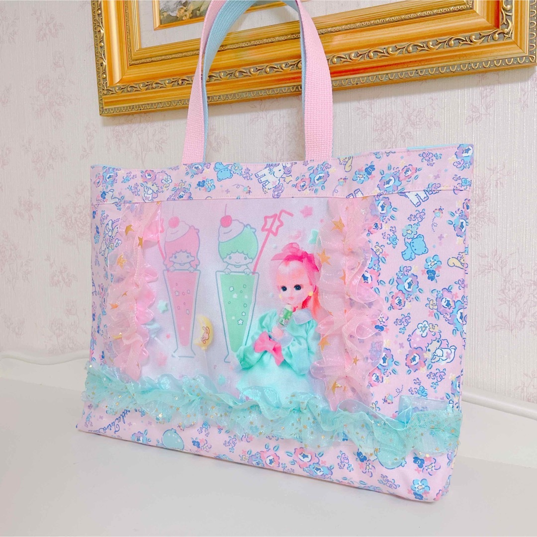 レッスンバッグ　キキララ　女の子　ミント　水色　ピンク　トート ハンドメイドのキッズ/ベビー(バッグ/レッスンバッグ)の商品写真
