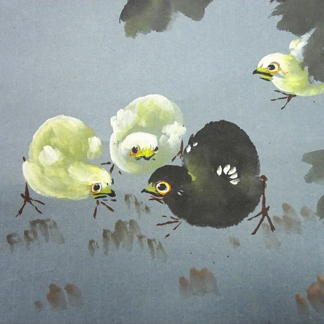 掛軸 習平『花とひよこ 花鳥図』中国画 紙本 肉筆 掛け軸 p05071 7