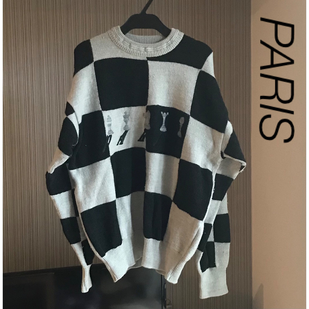 PARIS(パリス)のPARIS ニット　セーター　メンズ　グレー×ブラック　格子柄　市松模様 メンズのトップス(ニット/セーター)の商品写真