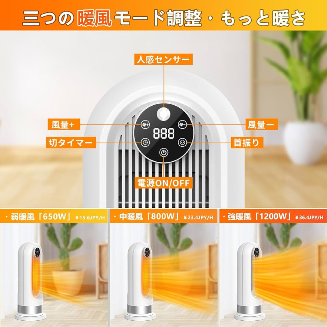 セラミックヒーター 電気ファンヒーター 人感センサー付き 節電対策1200w