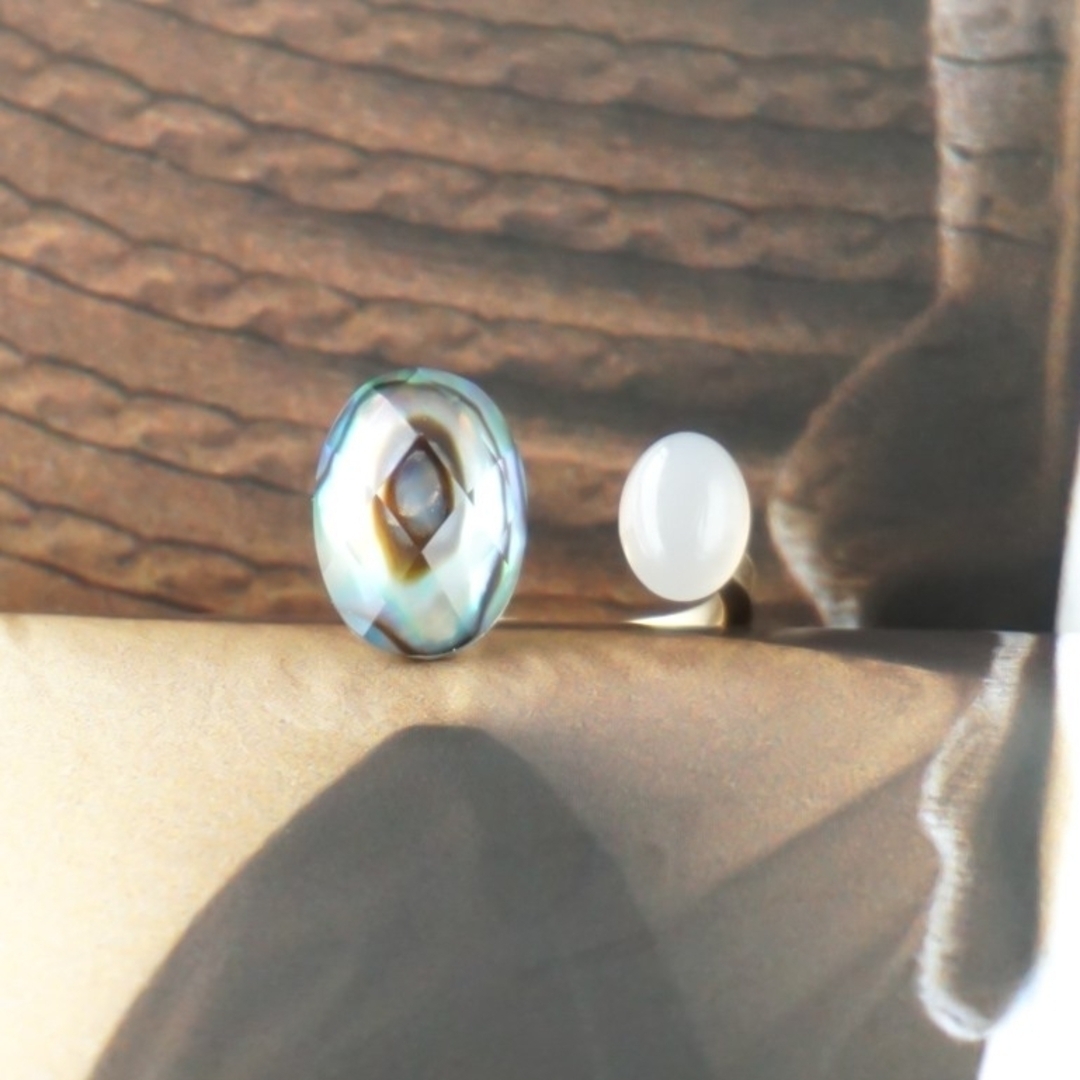 天然石 指輪 大粒 アバロンシェル グレーオニキス フリーサイズ フォークリング 4