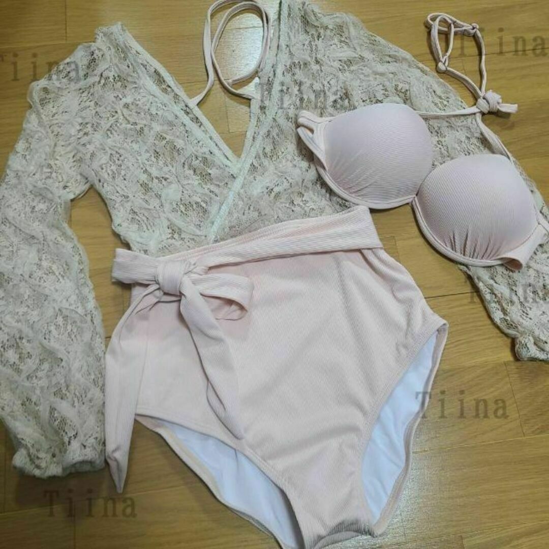 XL ベージュ ピンク シフォン 韓国 ワンピース 水着 レース バイカラー レディースの水着/浴衣(水着)の商品写真