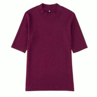 ユニクロ(UNIQLO)のユニクロ　リブハイネックTシャツ　ボルドー　ワイン(Tシャツ(半袖/袖なし))