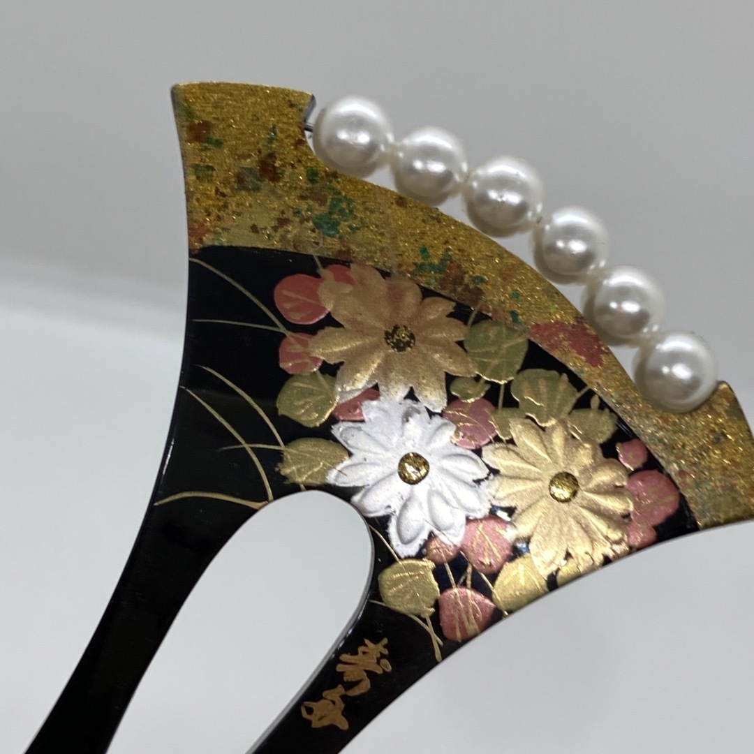 寿舟製 樹脂製 金蒔絵 菊文様 パール バチ かんざしの通販 by 古美術