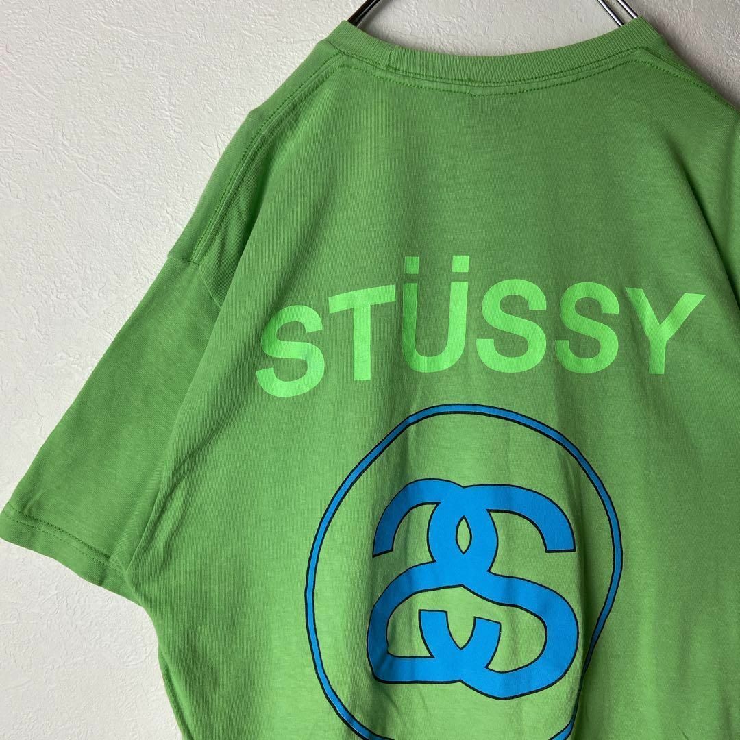 【人気グリーン】stussySSリンクロゴTシャツ緑バックプリント総柄M