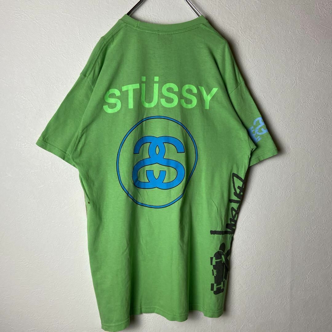 人気グリーン】stussy古着SSリンクロゴTシャツ緑バックプリント総柄M-