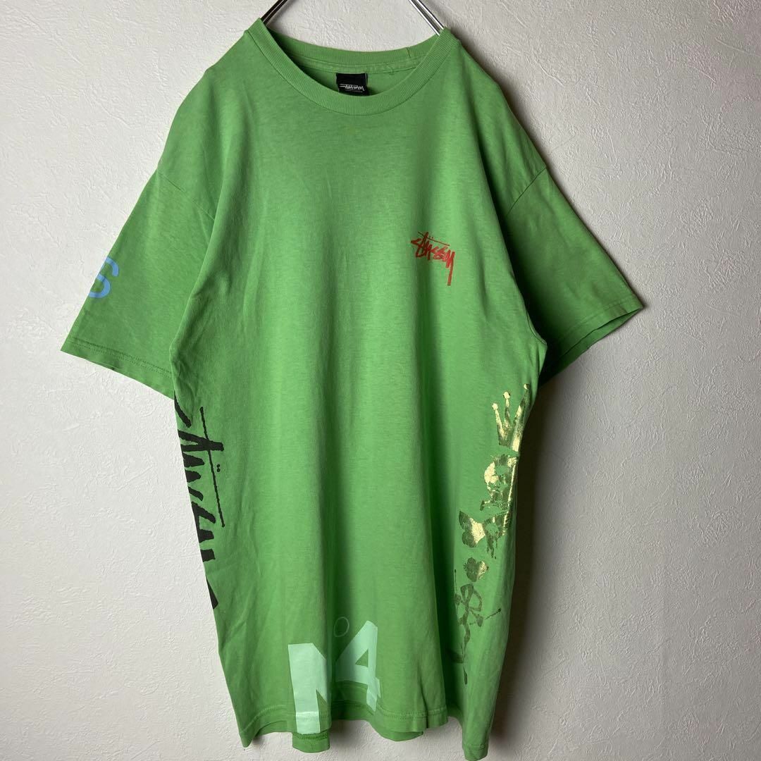 人気グリーン】stussy古着SSリンクロゴTシャツ緑バックプリント総柄M-