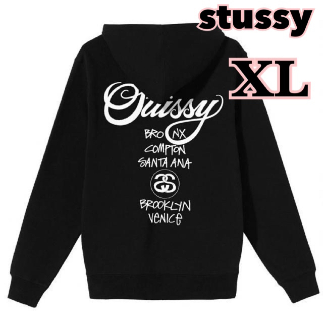新品】STUSSY ステューシー WORLD TOUR ジップ パーカー 黒 新品】STUSSY ステューシー WORLD TOUR ジップ パーカー 黒