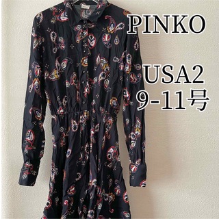 ピンコ(PINKO)のPINKO シャツワンピース USA2 9号 11号 M L 黒 ブラック 長袖(ひざ丈ワンピース)