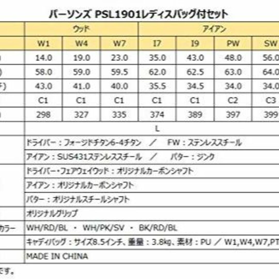 Persons(パーソンズ) レディスバッグ付クラブ8本組セット PSL1901