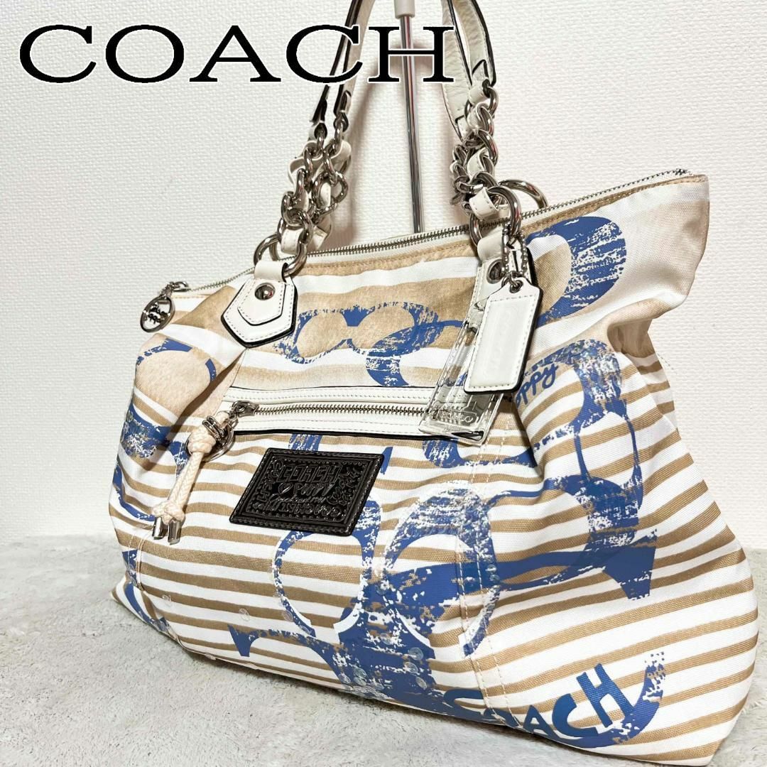 美品✨COACHコーチセミショルダーバッグトートバッグボーダー総柄ブルーホワイト