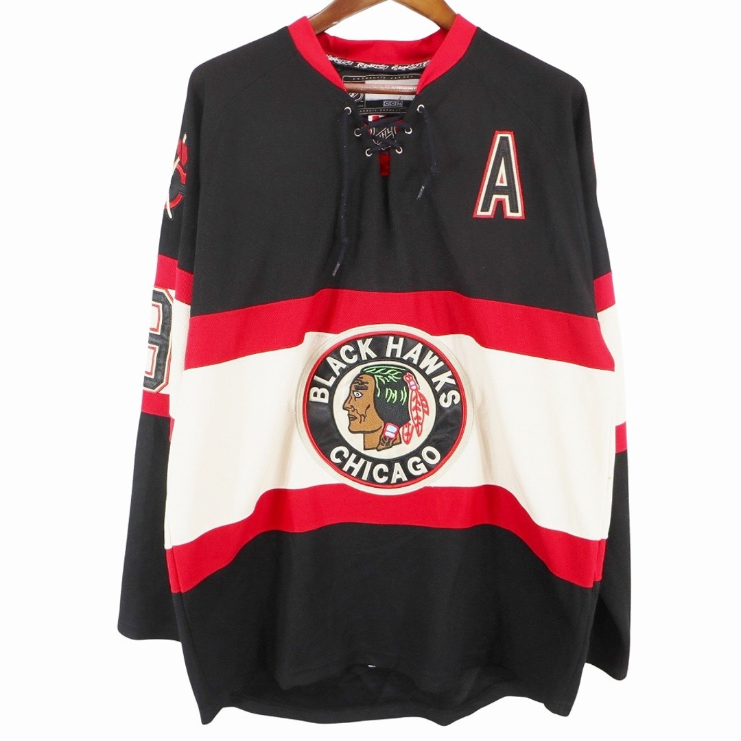 カナダ製 Reebok リーボック NHL シカゴ・ブラックホークス ユニフォーム 長袖Ｔシャツ プロチーム ブラック (メンズ 50)   O5866