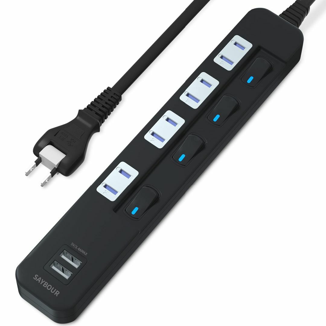 【色: ブラック】SAYBOUR USB 3.4A 付きタップ 電源タップ 雷ガ