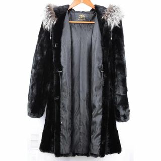 新品限定☆ミンクファー♪シルバーフォックス襟ロングコート黒☆帽子付