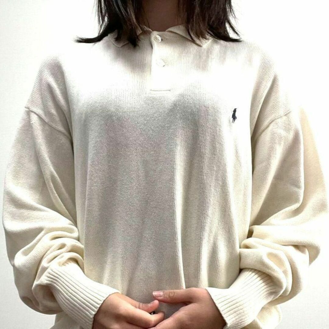 ポロバイラルフローレン ロゴ 刺繍 ニットセーターポロシャツ L ホワイト白