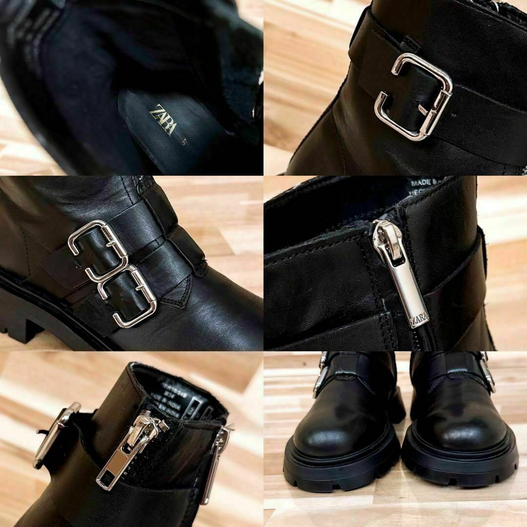 ZARA - 【ザラ】サイド ジップアップ バックル レザー ブーツ 23.5